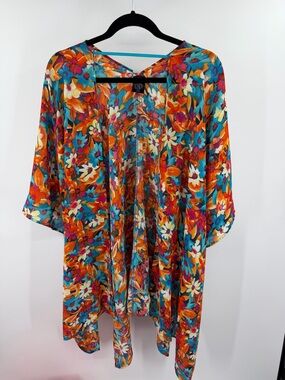 Agnes & Dora Vibrant Floral Kimono Cover-Up in Turquoise & Orange XS/S